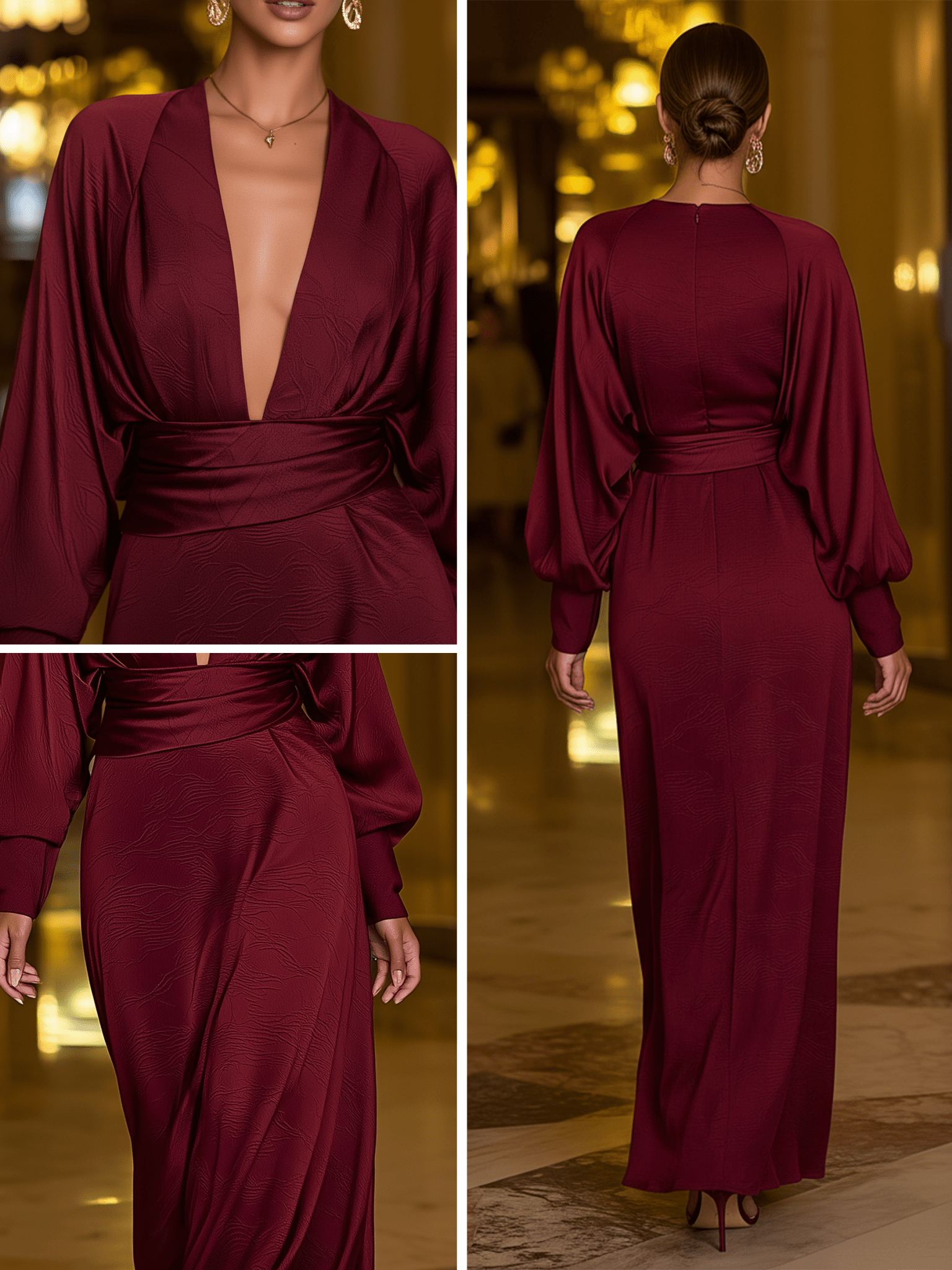 VESTIDO LARGO DE SATÉN JACQUARD BURDEOS CON ESCOTE EN V - VALERINA MARBELLA