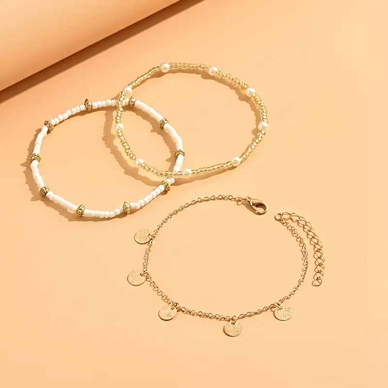 CONJUNTO CÔTIER DIJE 3-PIEZA SUPERPUESTO PULSERA DE CHEVILLE | ORO