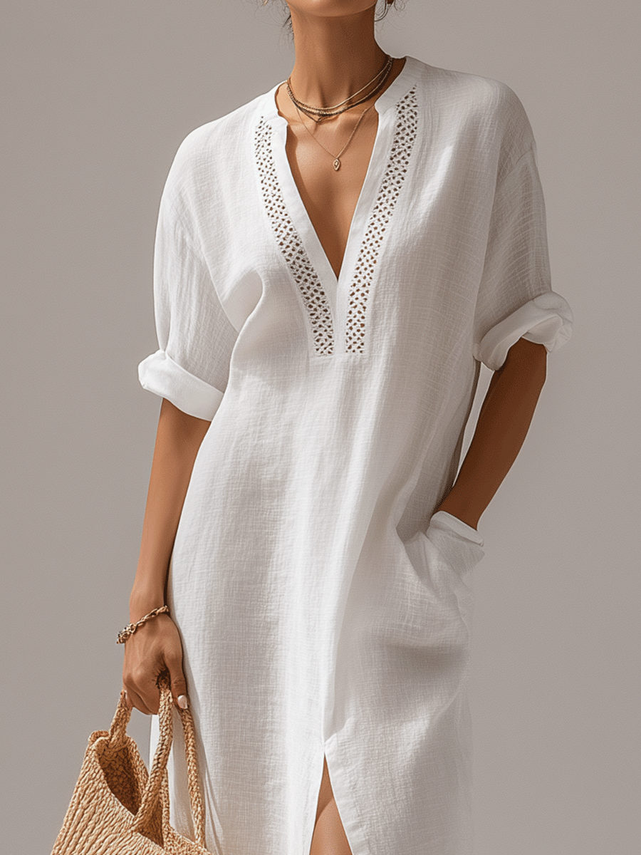 Bohemian White Embroidered V-Neck Slit Maxi Dress