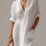 Bohemian White Embroidered V-Neck Slit Maxi Dress