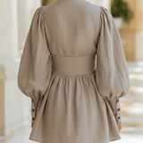 VESTIDO MINI BEIGE DE MEZCLA DE LINO CON ESCOTE EN V - VALERINA MARBELLA