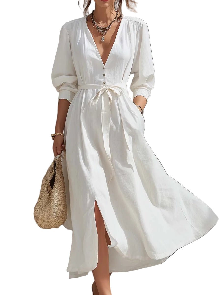 VESTIDO MIDI MINIMALISTA DE ALGODÓN Y LINO - VALERINA MARBELLA