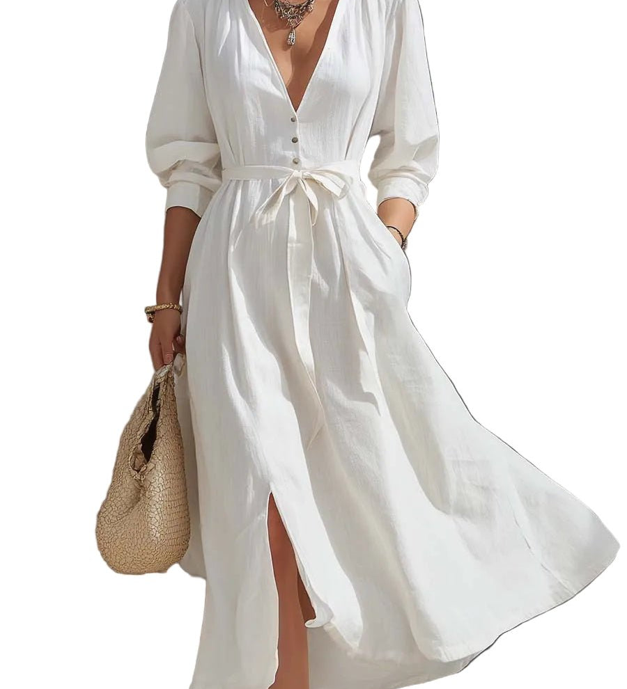 VESTIDO MIDI MINIMALISTA DE ALGODÓN Y LINO - VALERINA MARBELLA