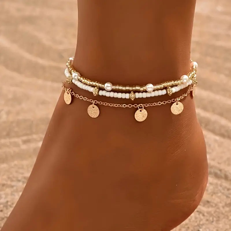 CONJUNTO CÔTIER DIJE 3-PIEZA SUPERPUESTO PULSERA DE CHEVILLE | ORO