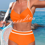 Stylish Color-blocked Striped High-waisted Two-piece Stretch Bikini Swimsuit