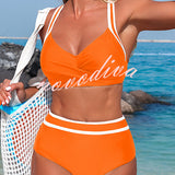 Stylish Color-blocked Striped High-waisted Two-piece Stretch Bikini Swimsuit