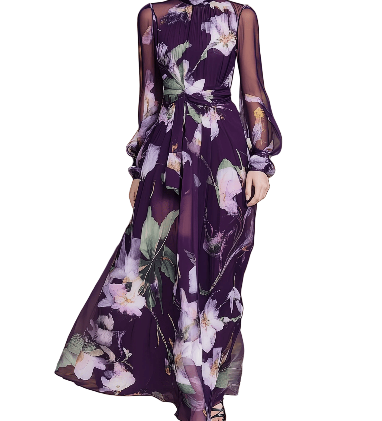 VESTIDO LARGO DE GASA FLORAL MORADO OSCURO - VALERINA MARBELLA