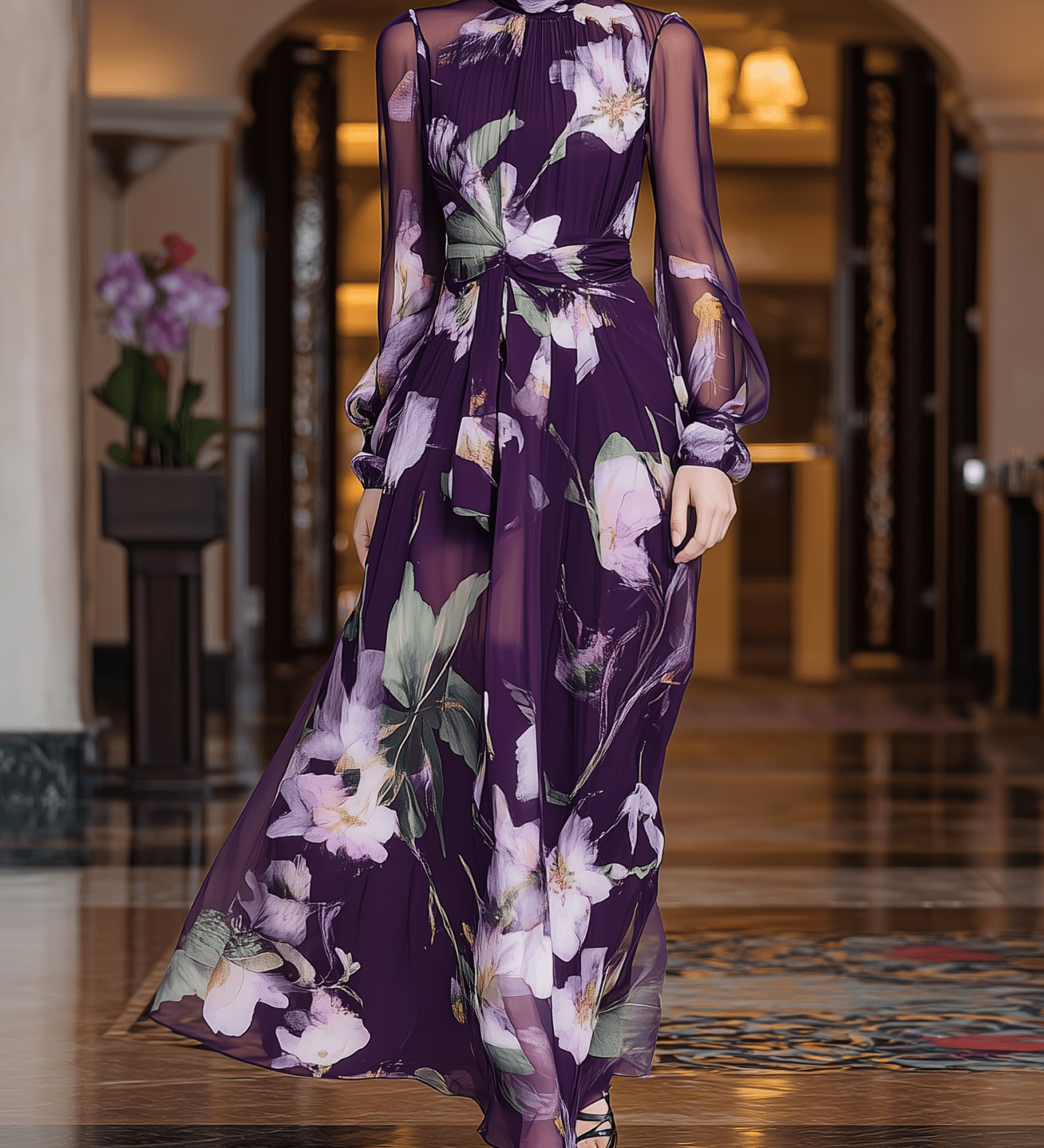 VESTIDO LARGO DE GASA FLORAL MORADO OSCURO - VALERINA MARBELLA