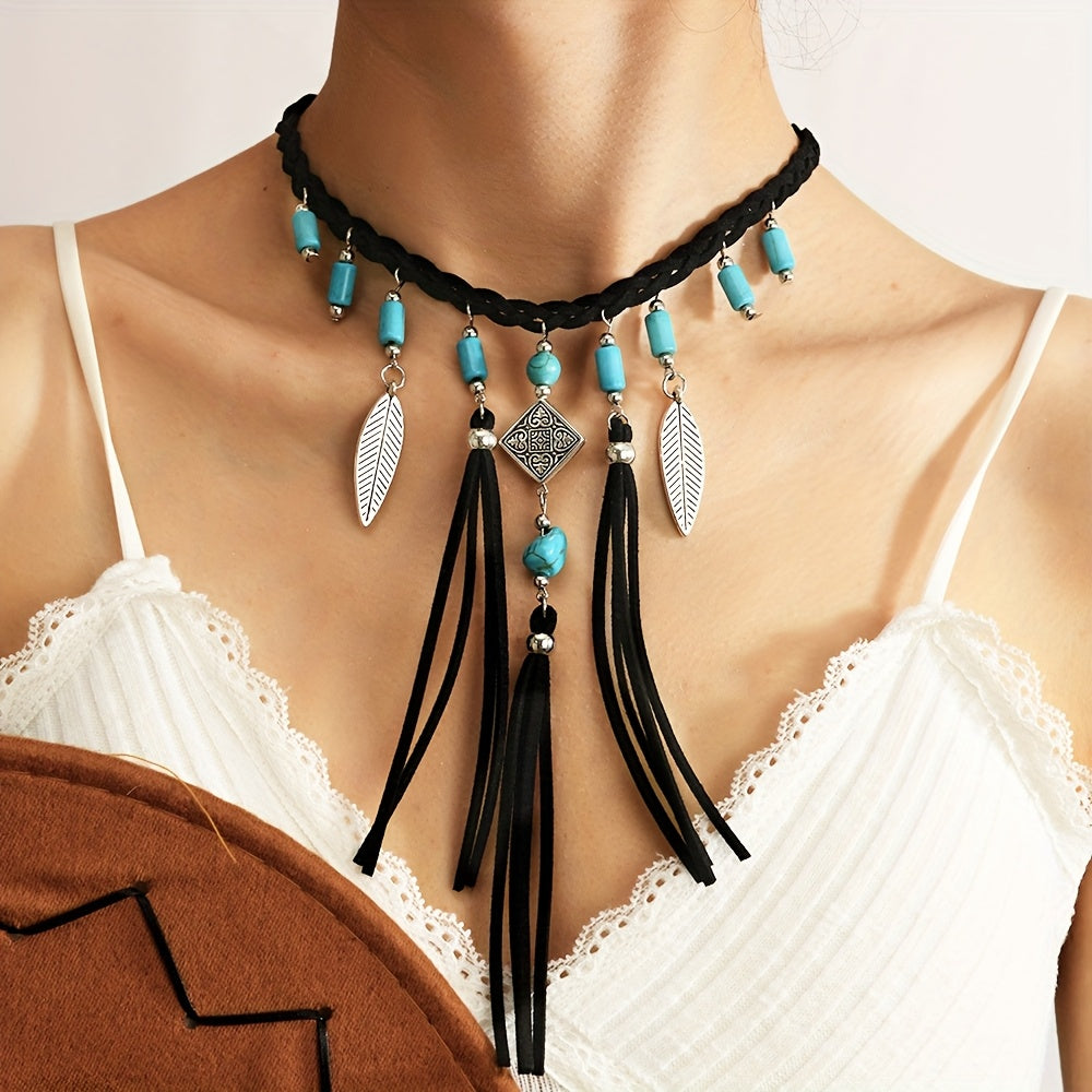 COLLAR BOHEMIO TURQUESA PERLES PLATA PLUMA POMPON