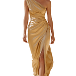 VESTIDO MAXI DE SATÉN ORO LÍQUIDO DE UN SOLO HOMBRO - VALERINA MARBELLA