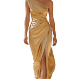 VESTIDO MAXI DE SATÉN ORO LÍQUIDO DE UN SOLO HOMBRO - VALERINA MARBELLA