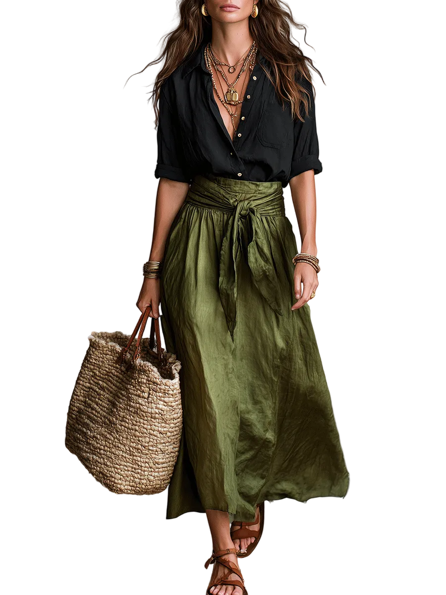 Effortless Boho Black Blouse & Olive Satin Midi Skirt Set
