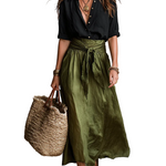 Effortless Boho Black Blouse & Olive Satin Midi Skirt Set