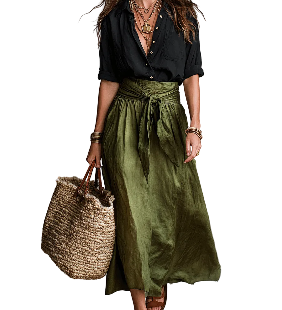 Effortless Boho Black Blouse & Olive Satin Midi Skirt Set