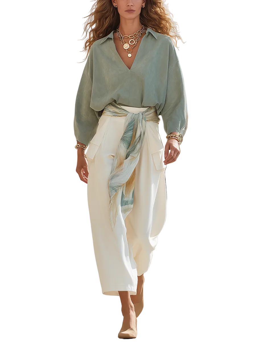 Breezy Sage Green Off-the-Shoulder Balloon Sleeve & Cream Harem Trouser Co-ord Set