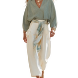 Breezy Sage Green Off-the-Shoulder Balloon Sleeve & Cream Harem Trouser Co-ord Set