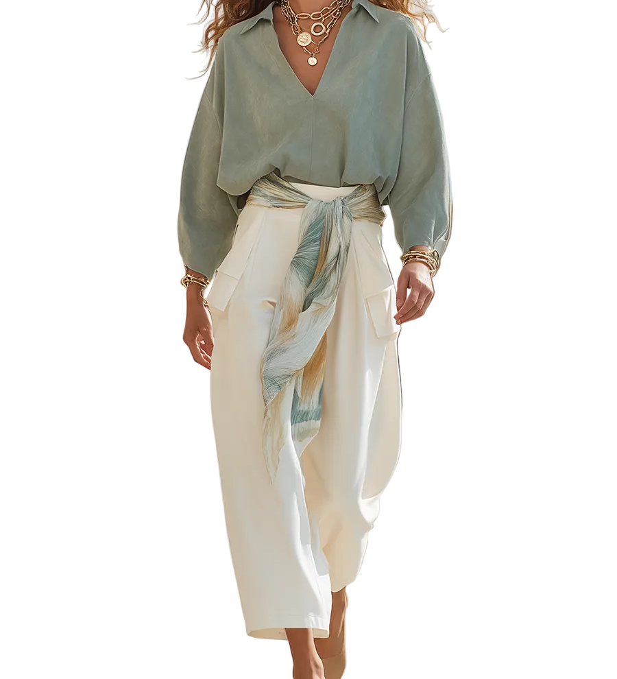 Breezy Sage Green Off-the-Shoulder Balloon Sleeve & Cream Harem Trouser Co-ord Set