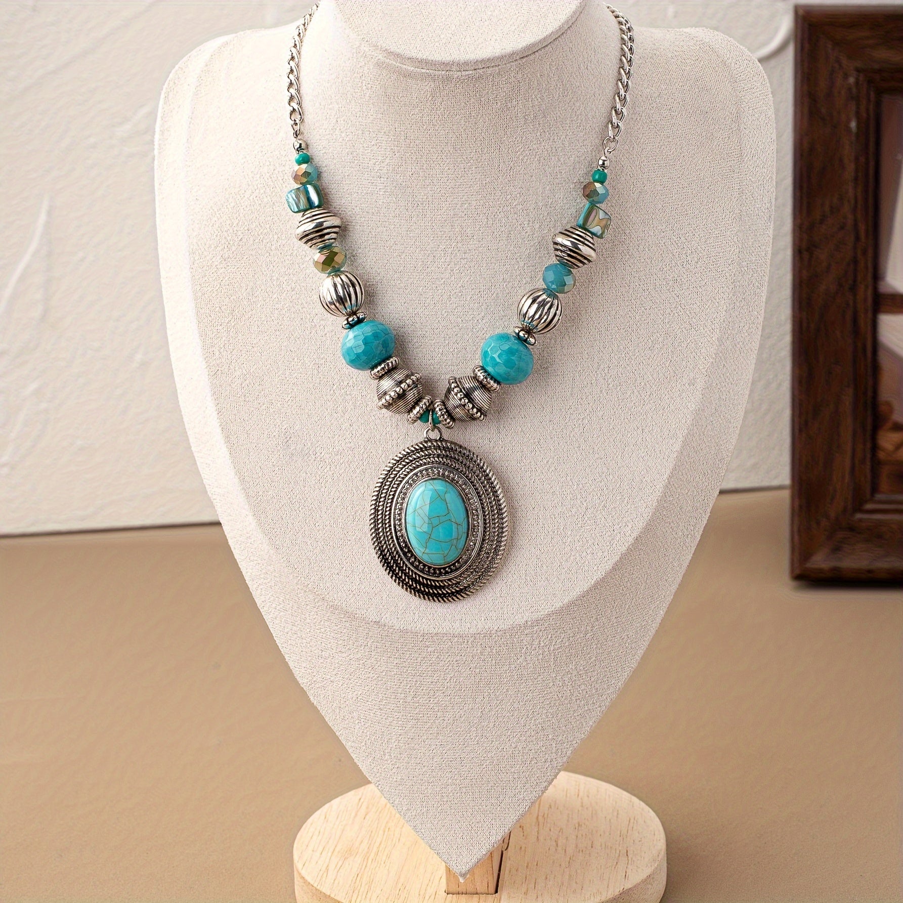 COLLAR BOHEMIO ÓVALO TURQUESA PERLÉ COLGANTE