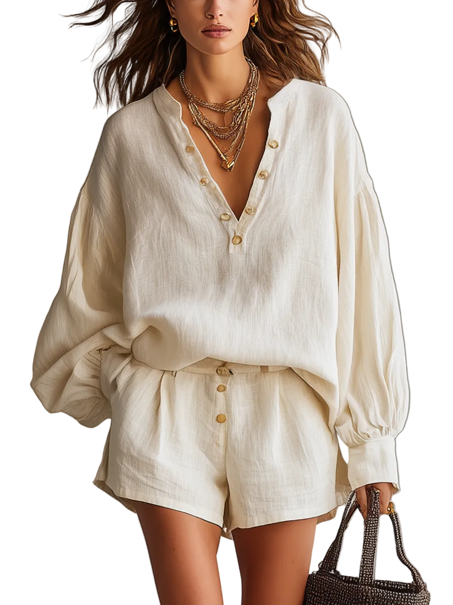 Soft Draped Balloon-Sleeve Two-Piece Set