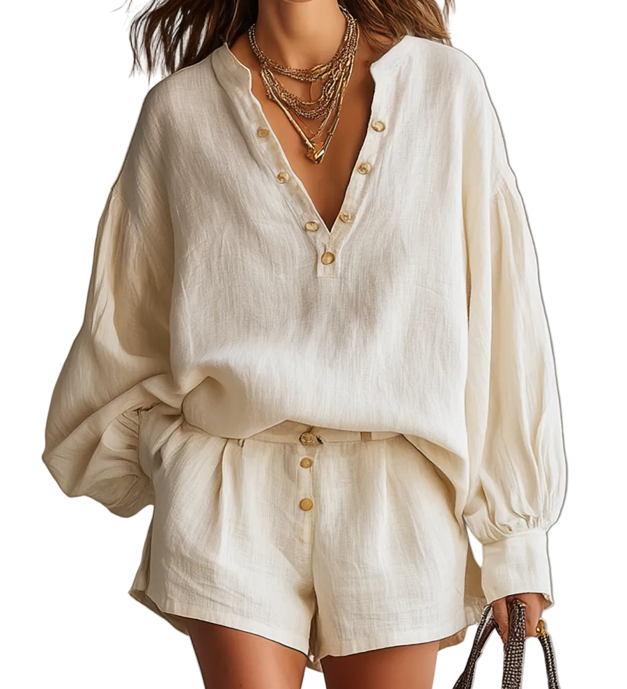 Soft Draped Balloon-Sleeve Two-Piece Set