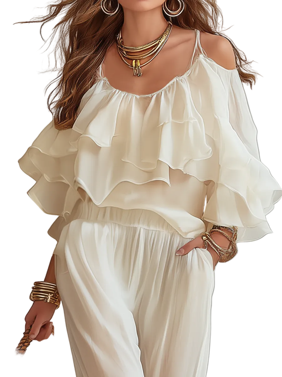 Romantic Ivory Ruffle Top & Relaxed Pants Set