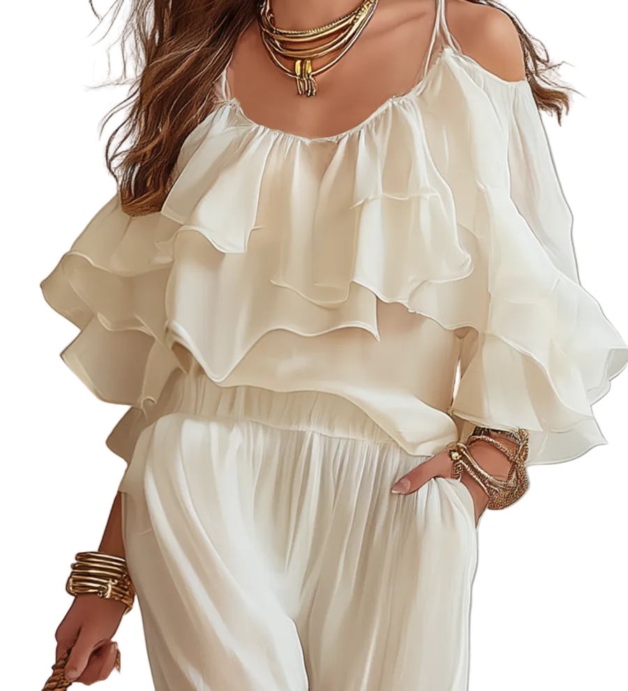 Romantic Ivory Ruffle Top & Relaxed Pants Set