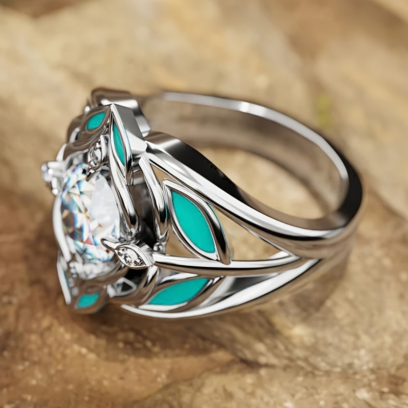 ANILLO ELEGANTE BOHEMIO TURQUESA FEUILLE CIRCONA CRISTAL
