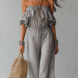 Bohemian-style Gray Off-the-shoulder Wide-leg Jumpsuit With Ruffled Details.