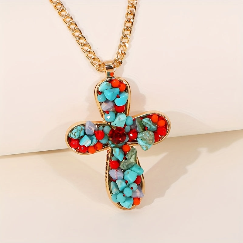 COLLAR BOHEMIO VIBRANT COLORÉ TURQUESA CRUZ COLGANTE