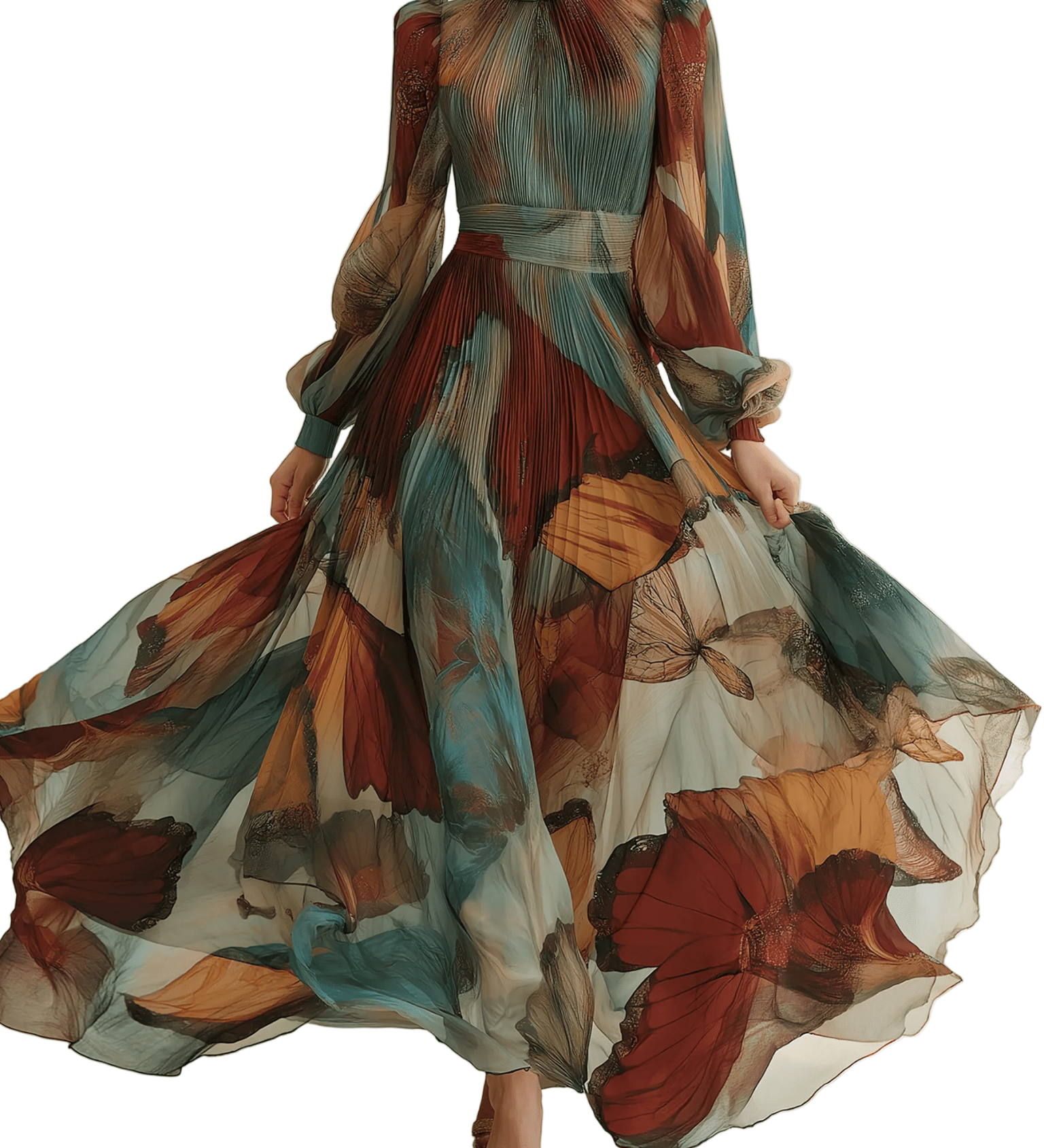 VESTIDO LARGO DE GASA PLISADA CON MARIPOSAS MULTICOLOR - VALERINA MARBELLA