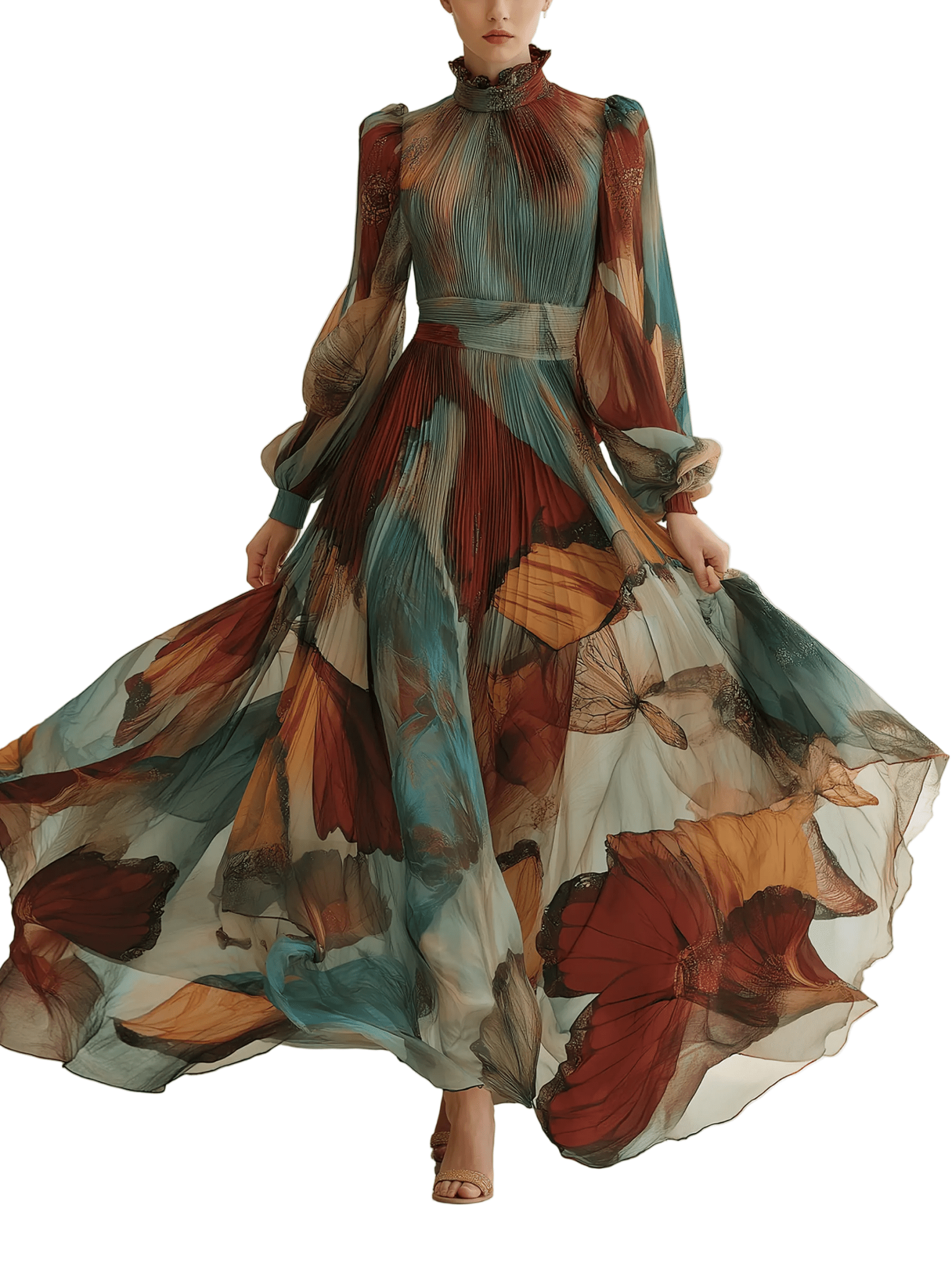 VESTIDO LARGO DE GASA PLISADA CON MARIPOSAS MULTICOLOR - VALERINA MARBELLA