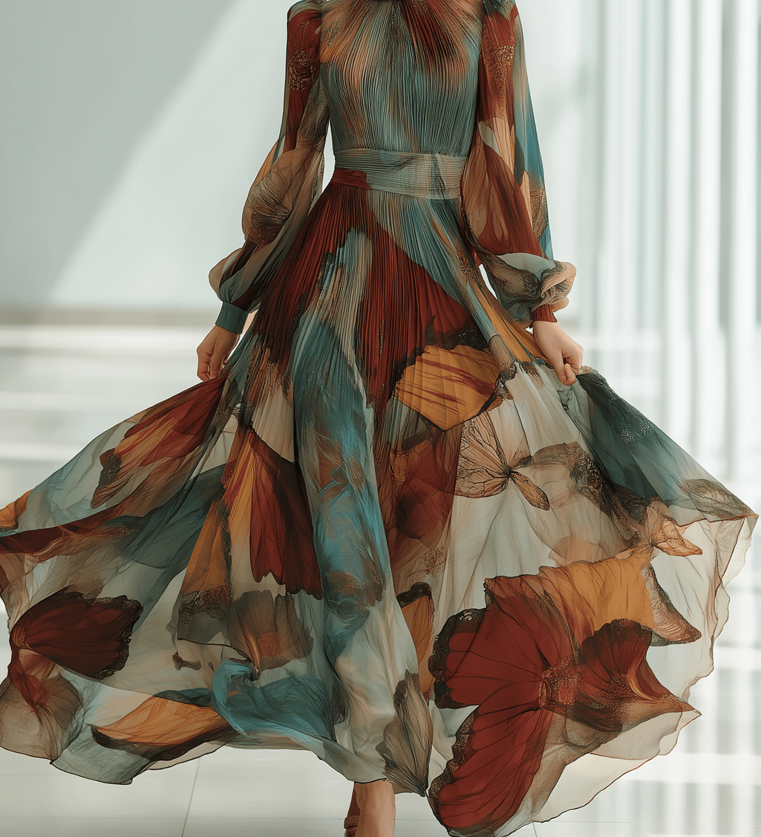 VESTIDO LARGO DE GASA PLISADA CON MARIPOSAS MULTICOLOR - VALERINA MARBELLA