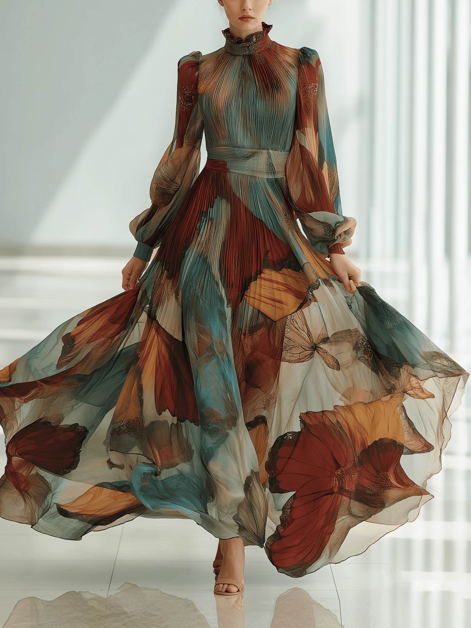 VESTIDO LARGO DE GASA PLISADA CON MARIPOSAS MULTICOLOR - VALERINA MARBELLA