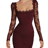 VESTIDO CORTO BURDEOS DE ENCAJE CON ESCOTE CUADRADO - VALERINA MARBELLA