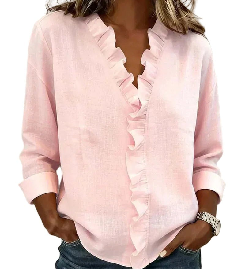 BLUSA CON ESCOTE EN V Y VOLANTES - VALERINA MARBELLA