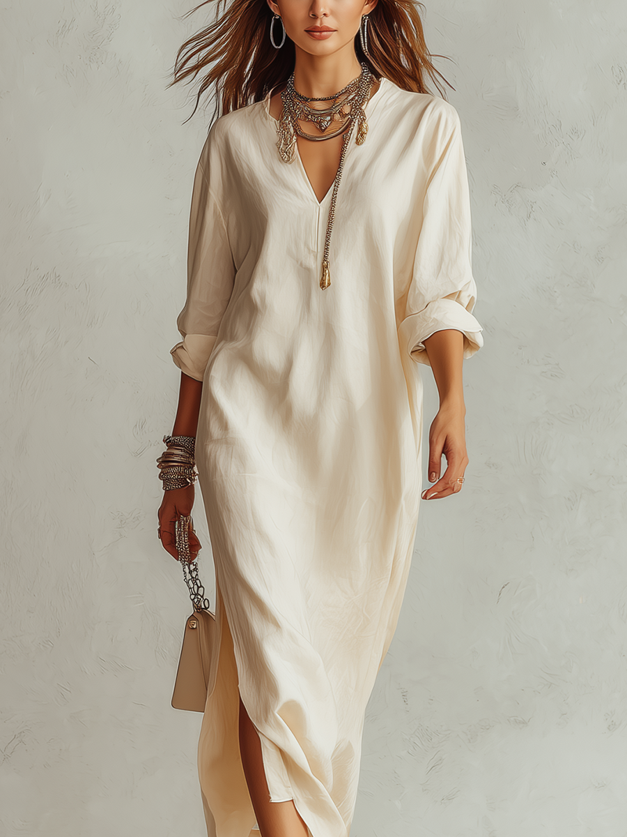Off-white Shirt-style Long Dress With Side Slits.