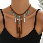 COLLAR BOHEMIO TURQUESA PERLES PLATA PLUMA POMPON