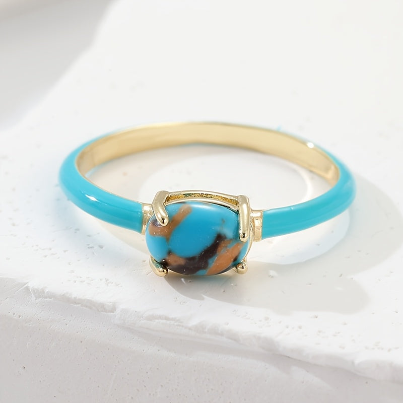 ANILLO VINTAGE ÉMAILLÉ GÉOMÉTRIQUE ÓVALO TURQUESA PLAQUÉ ORO