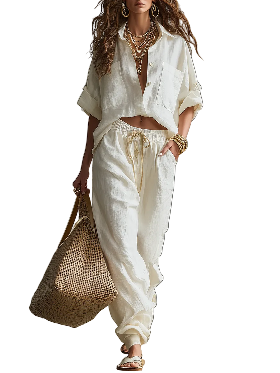 Relaxed Ivory Linen Shirt & Drawstring Pants Set
