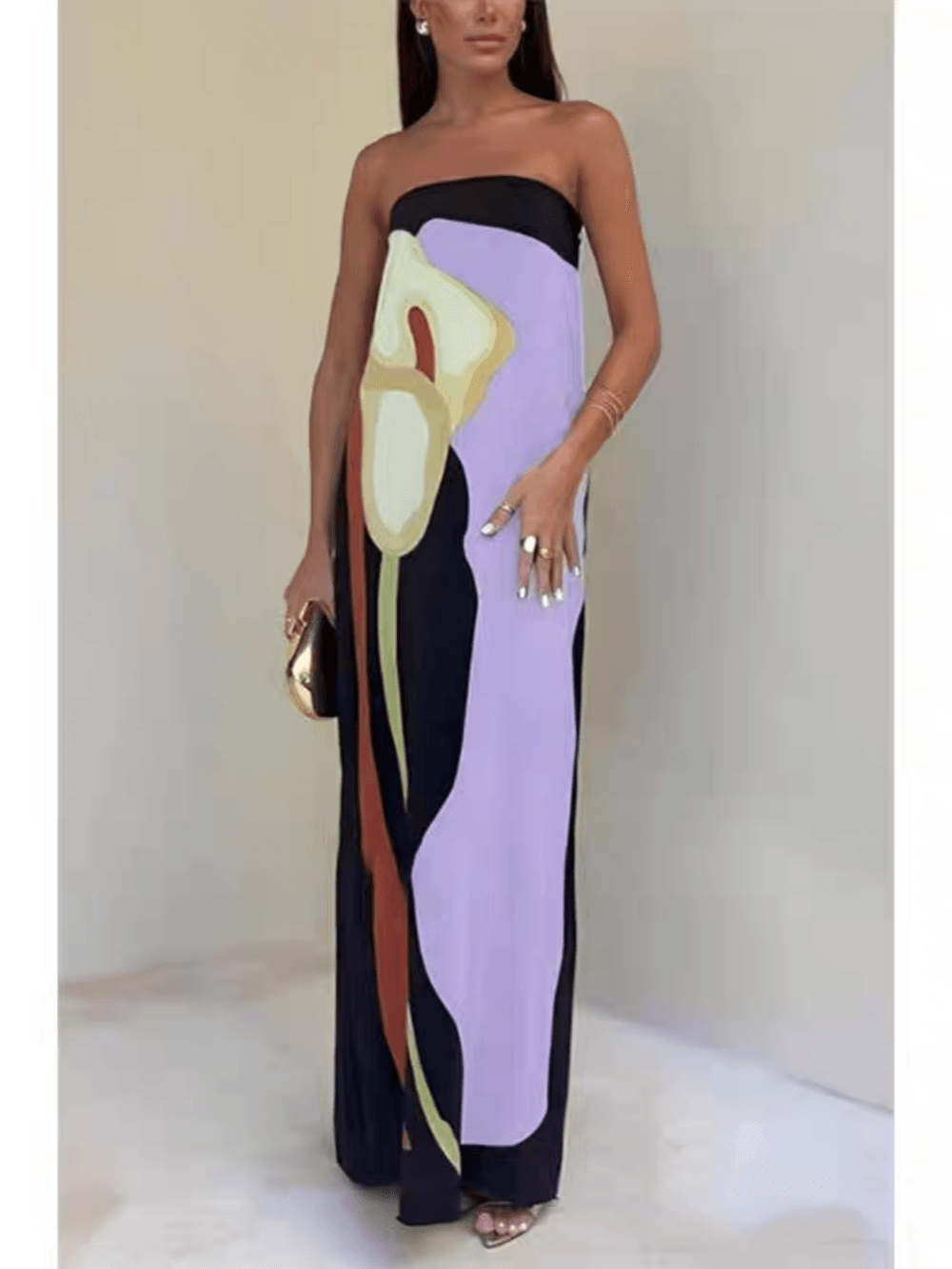 VESTIDO MAXI ESTAMPADO PALABRA DE HONOR CON BLOQUES DE COLOR