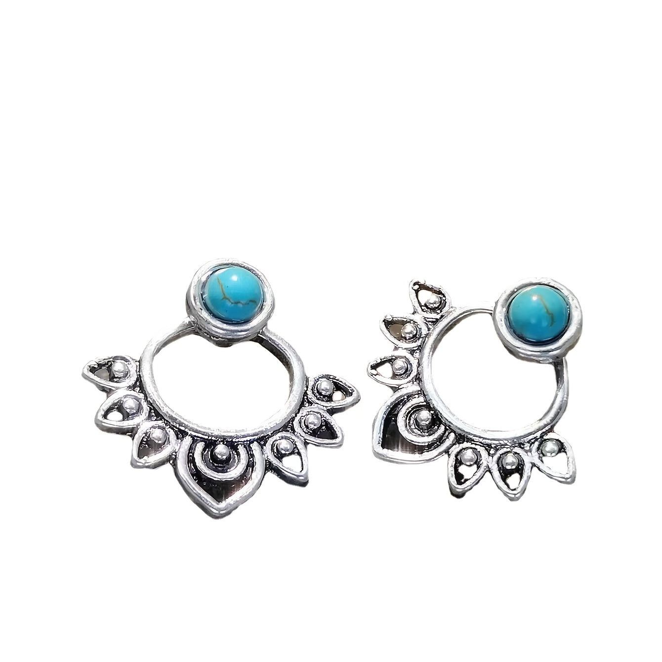 PENDIENTES TURQUESA MANDALA PLATA PLAQUÉ CLOU OREILLE