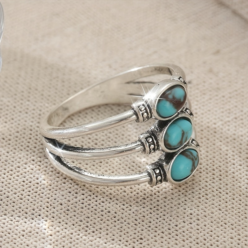 ANILLO VINTAGE BOHEMIO STYLE TRIPLE TURQUESA PLATA
