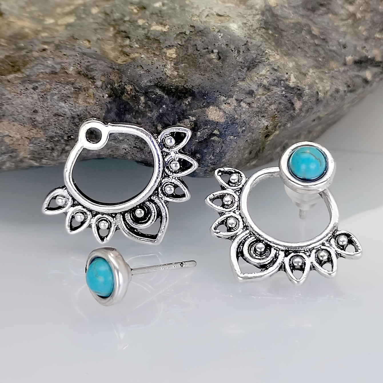 PENDIENTES TURQUESA MANDALA PLATA PLAQUÉ CLOU OREILLE