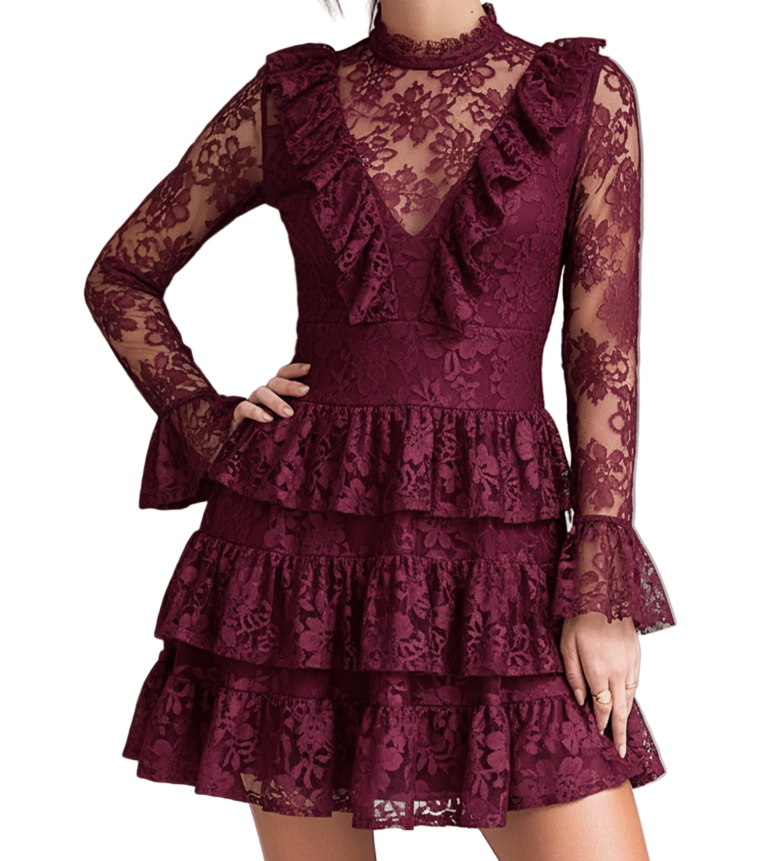 VESTIDO CORTO BURDEOS DE ENCAJE FLORAL CON VOLANTES EN CAPAS - VALERINA MARBELLA