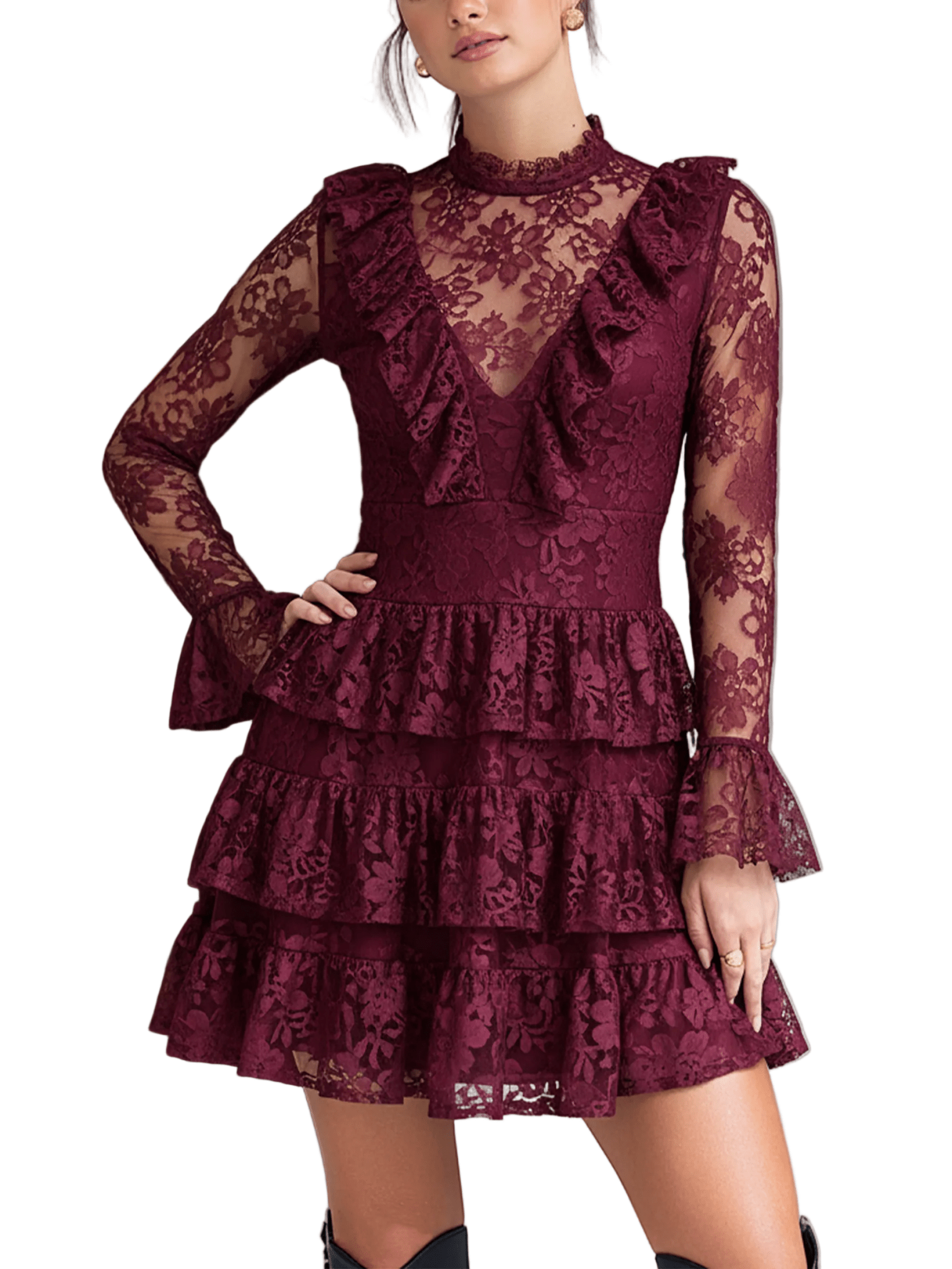 VESTIDO CORTO BURDEOS DE ENCAJE FLORAL CON VOLANTES EN CAPAS - VALERINA MARBELLA