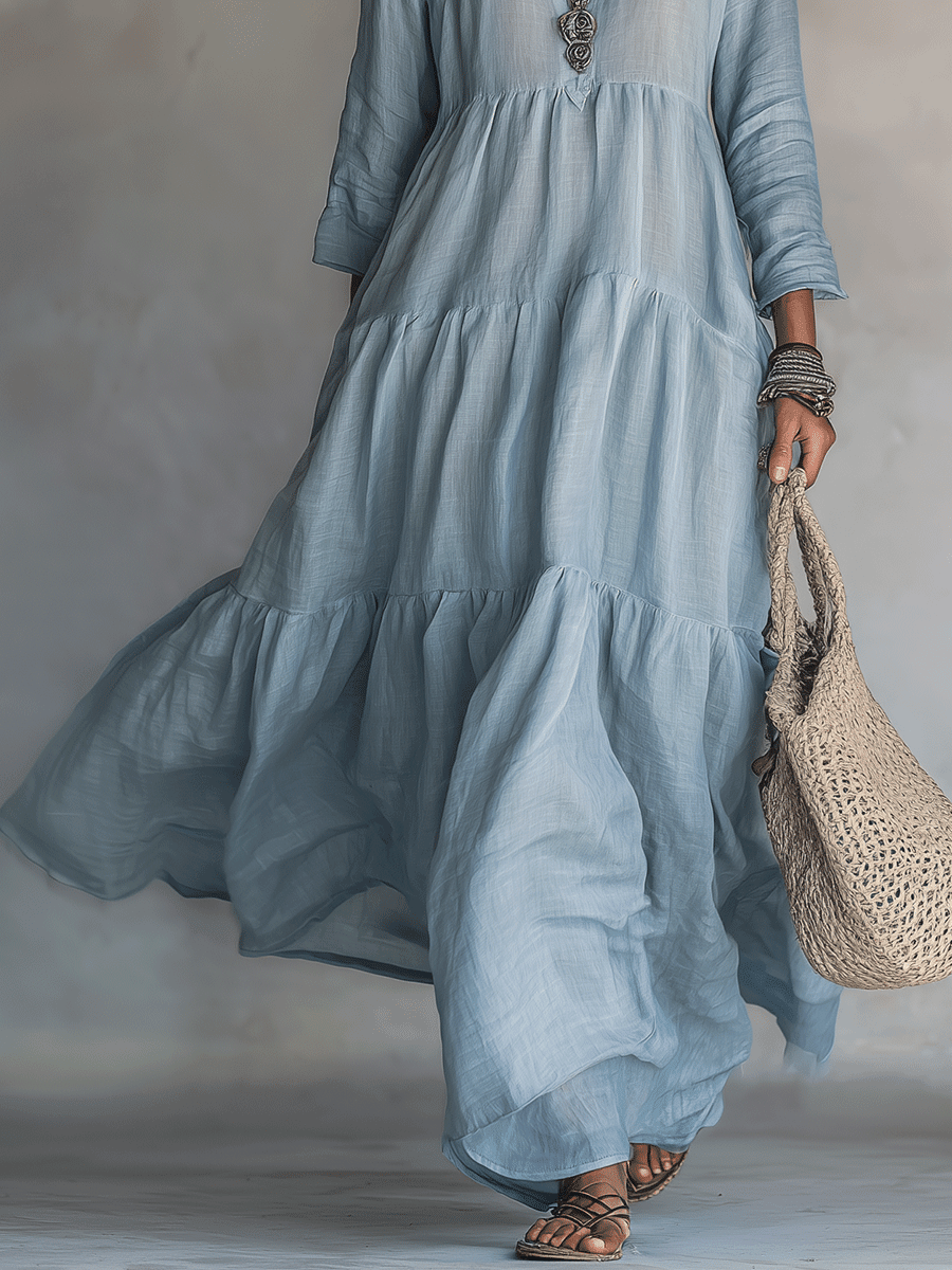 VESTIDO MAXI BOHO DE CAPAS EN AZUL SUAVE LAVADO - VALERINA MARBELLA