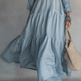 VESTIDO MAXI BOHO DE CAPAS EN AZUL SUAVE LAVADO - VALERINA MARBELLA