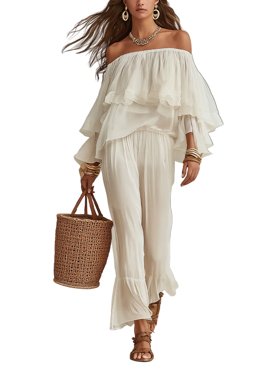Relaxed Off-Shoulder Ruffle Top & Soft Pants Set
