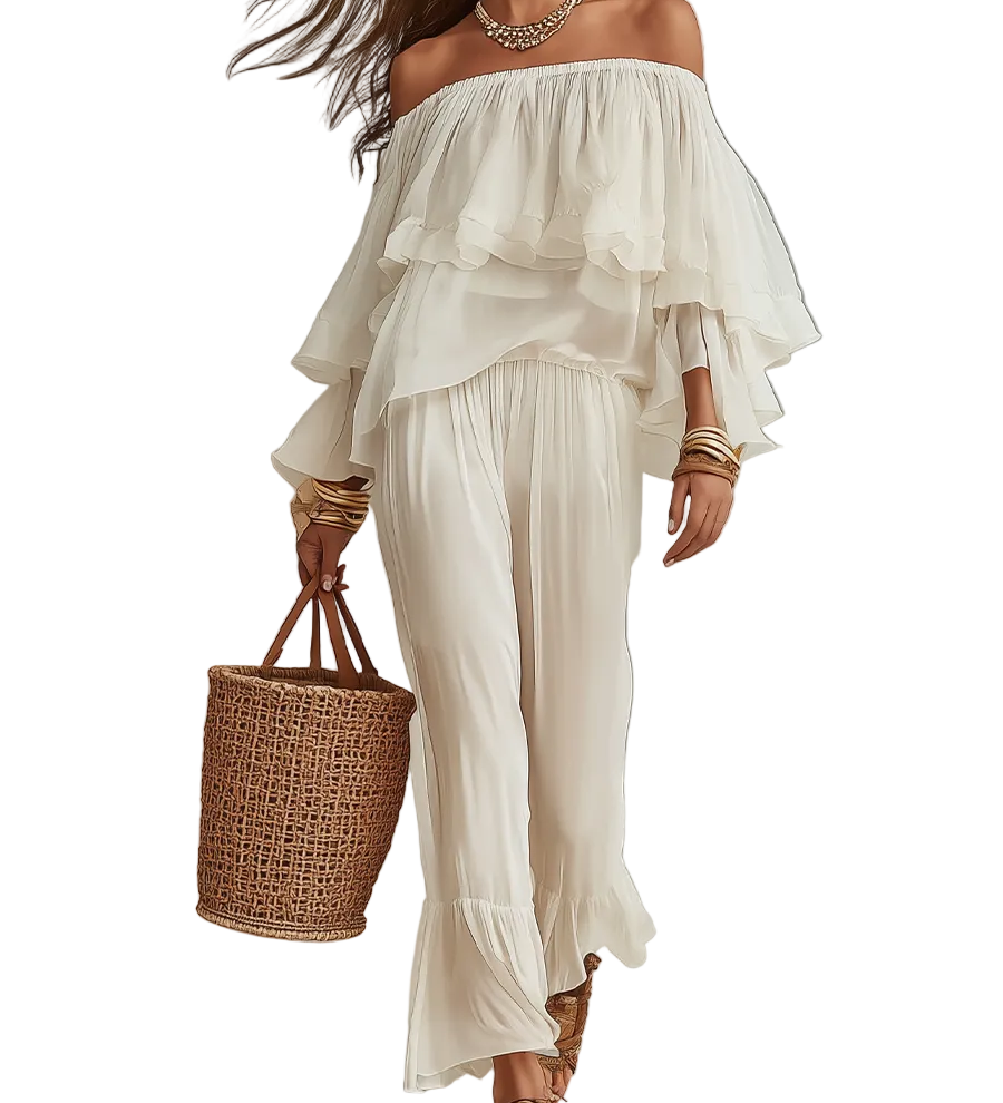 Relaxed Off-Shoulder Ruffle Top & Soft Pants Set