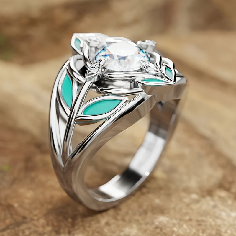 ANILLO ELEGANTE BOHEMIO TURQUESA FEUILLE CIRCONA CRISTAL